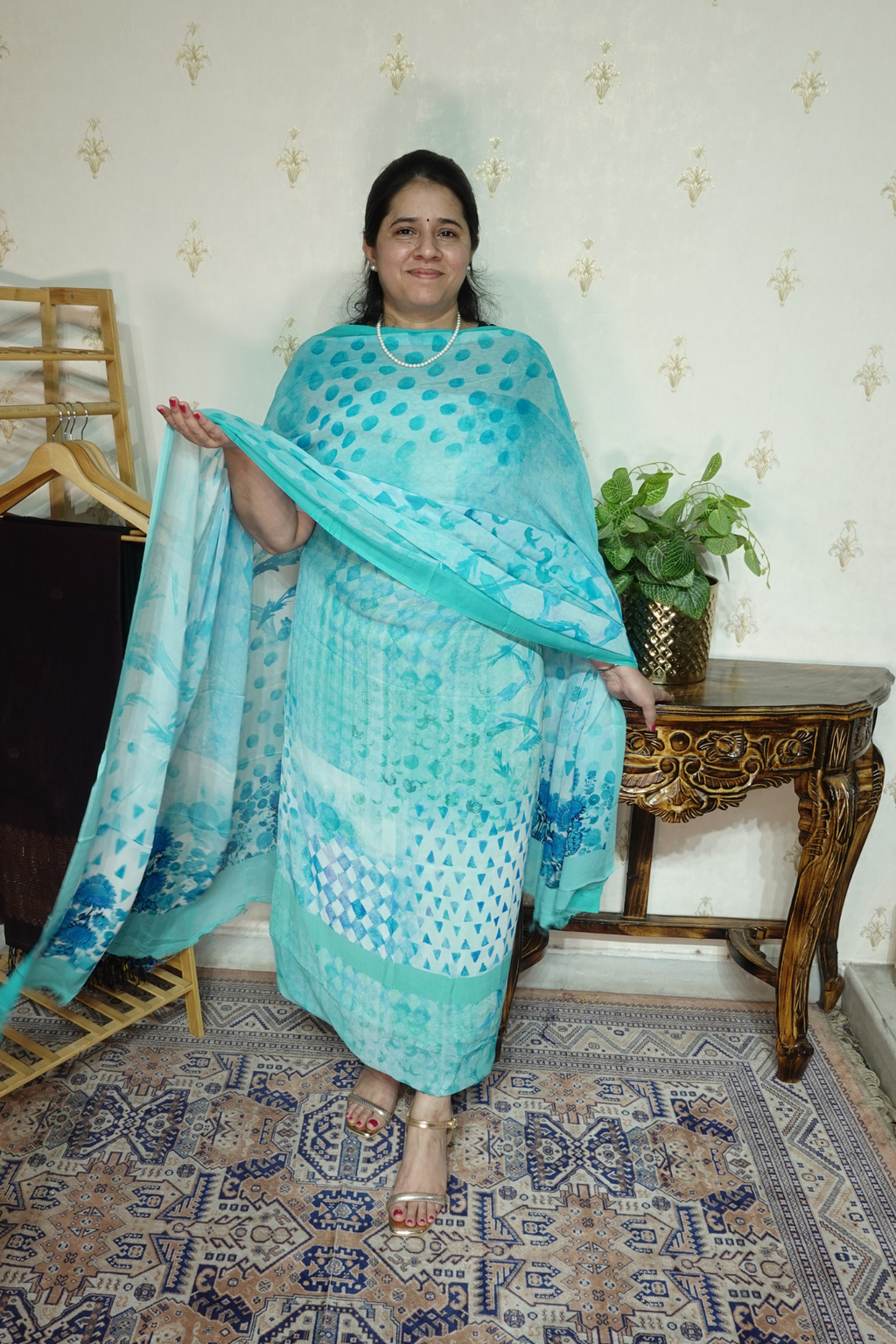 Polka Print on Georgette with Georgette Dupatta and Crape bottom