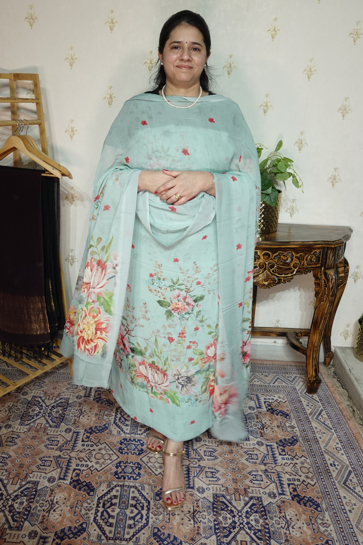 Polka Print on Georgette with Georgette Dupatta and Crape bottom