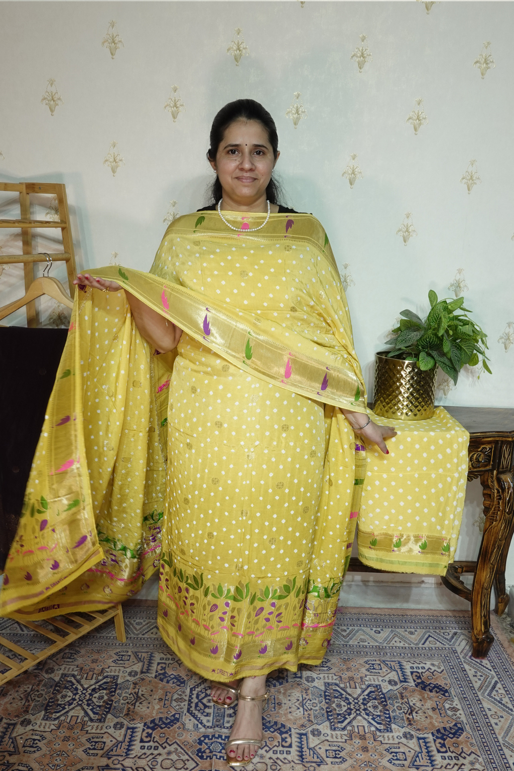 Pure modal silk full set with hand done bandhani and zari weaving