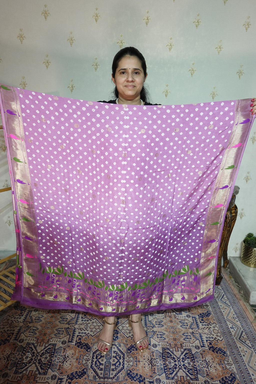 Pure modal silk full set with hand done bandhani and zari weaving