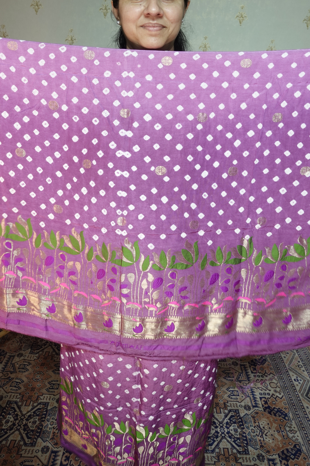 Pure modal silk full set with hand done bandhani and zari weaving
