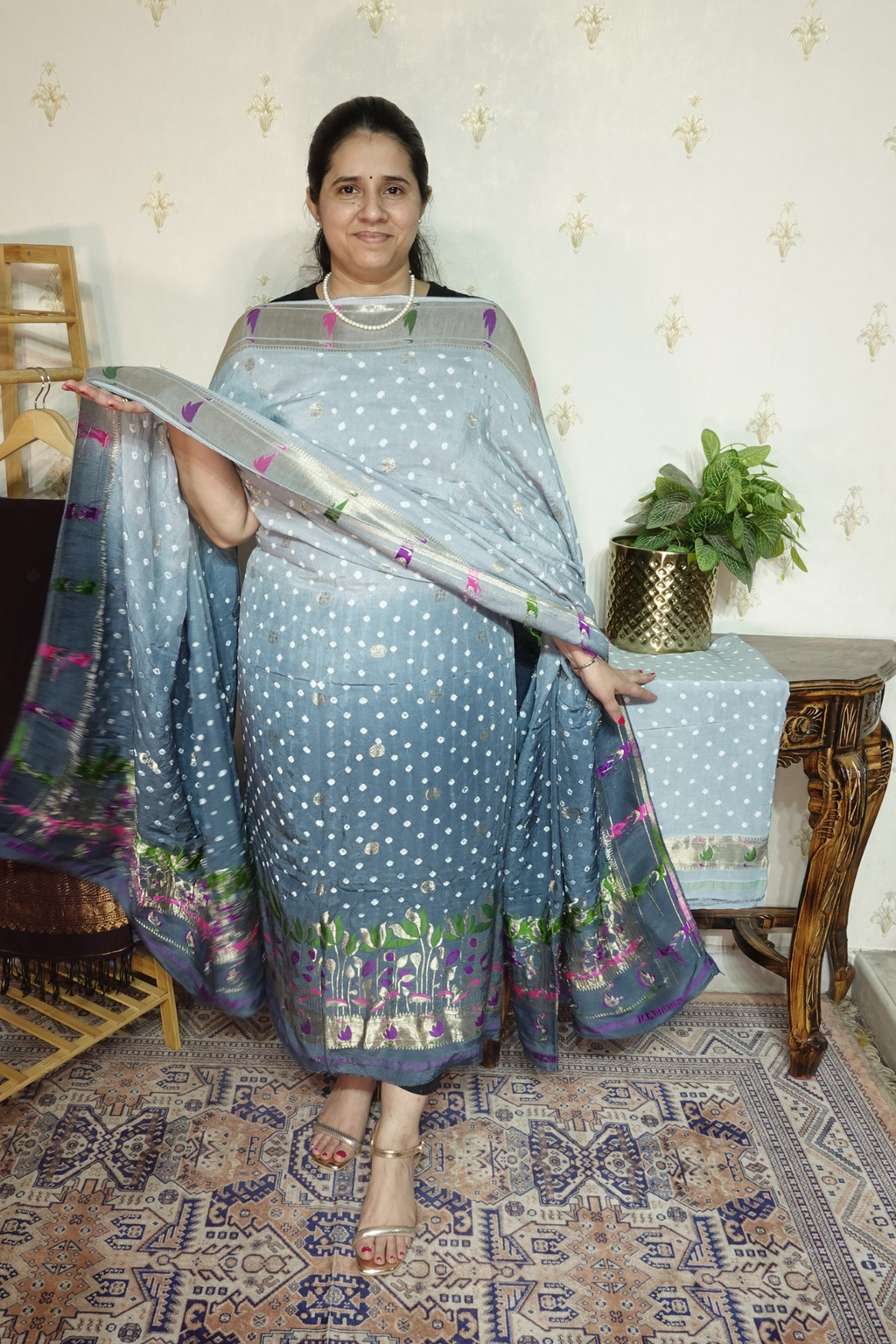 Pure modal silk full set with hand done bandhani and zari weaving