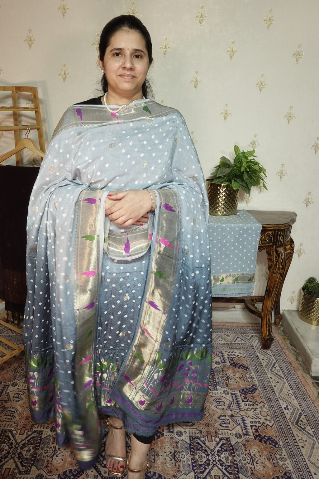 Pure modal silk full set with hand done bandhani and zari weaving