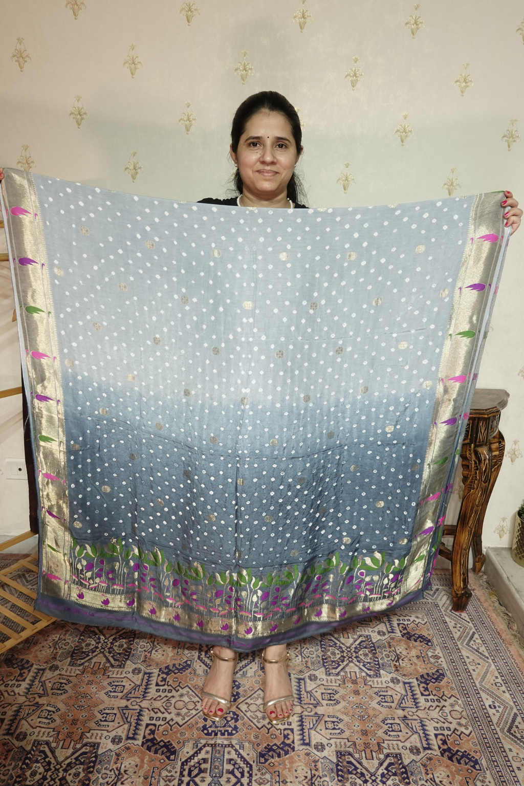 Pure modal silk full set with hand done bandhani and zari weaving