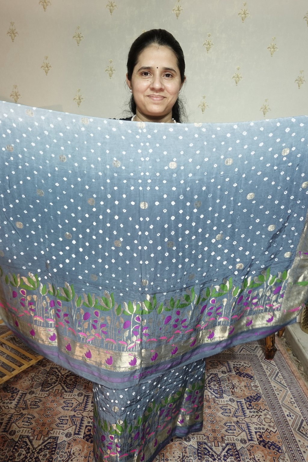 Pure modal silk full set with hand done bandhani and zari weaving