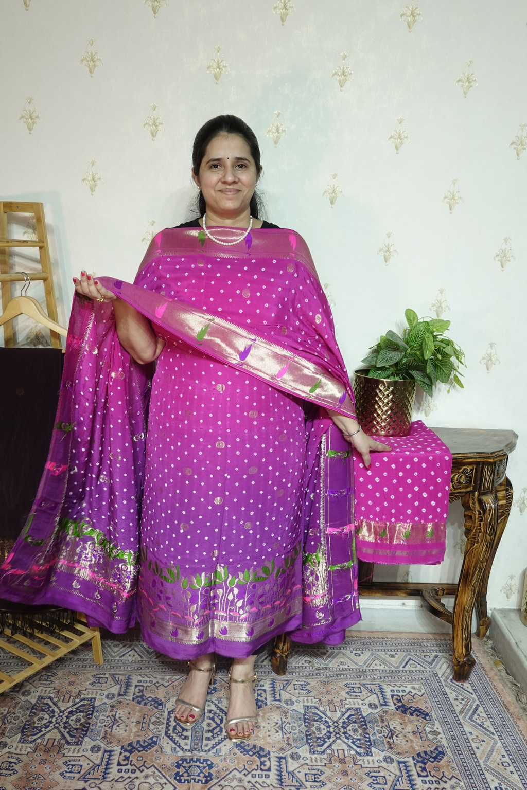 Pure modal silk full set with hand done bandhani and zari weaving