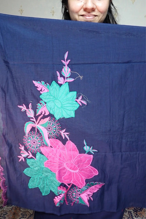 Handloom Cotton Suit Set with Pure Mul Dupatta & Intricate Appliqué Work