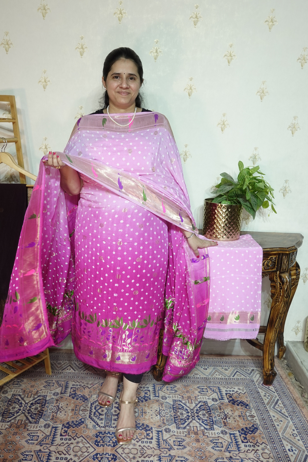 Pure modal silk full set with hand done bandhani and zari weaving