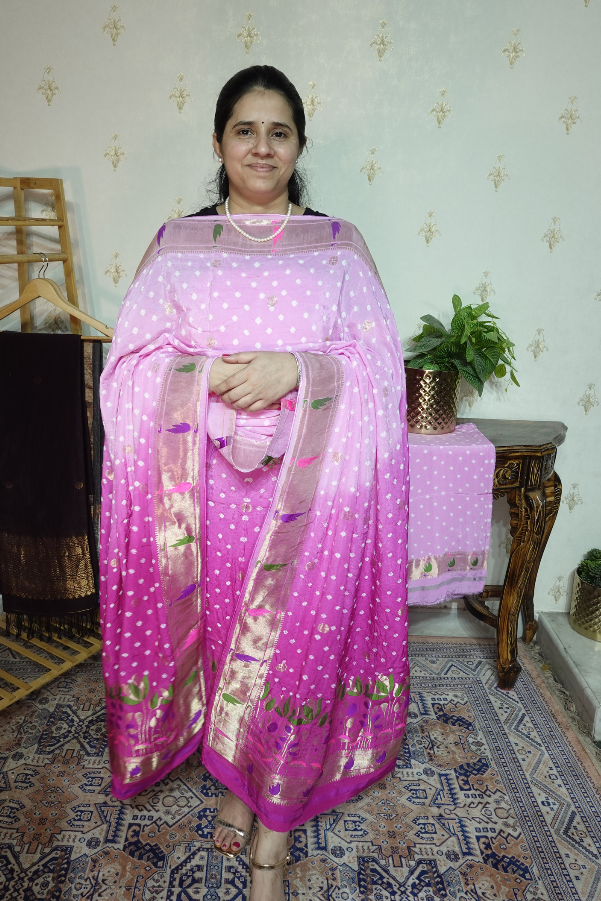 Pure modal silk full set with hand done bandhani and zari weaving