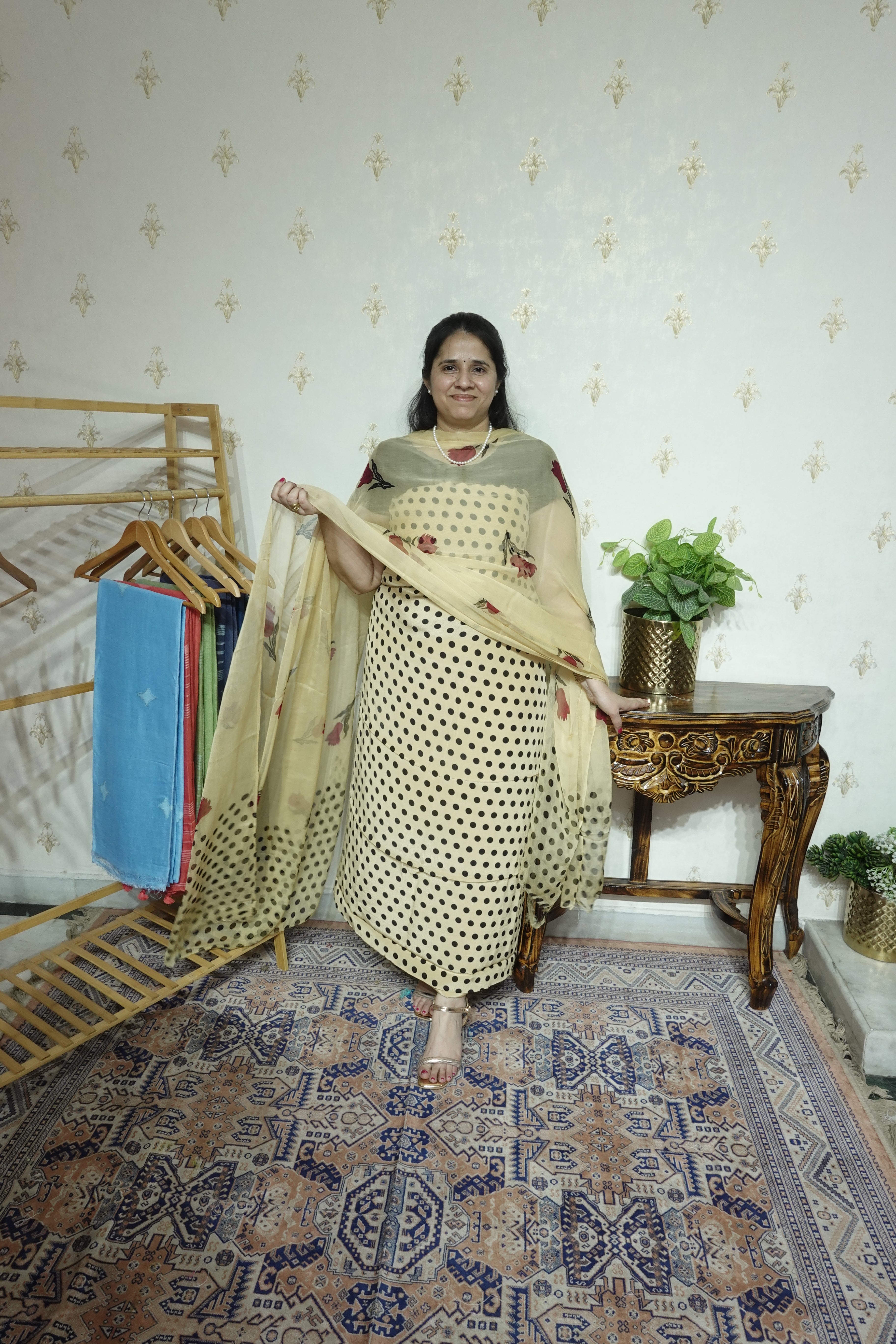 Polka Print on Georgette with Chiffon Dupatta and Crape bottom