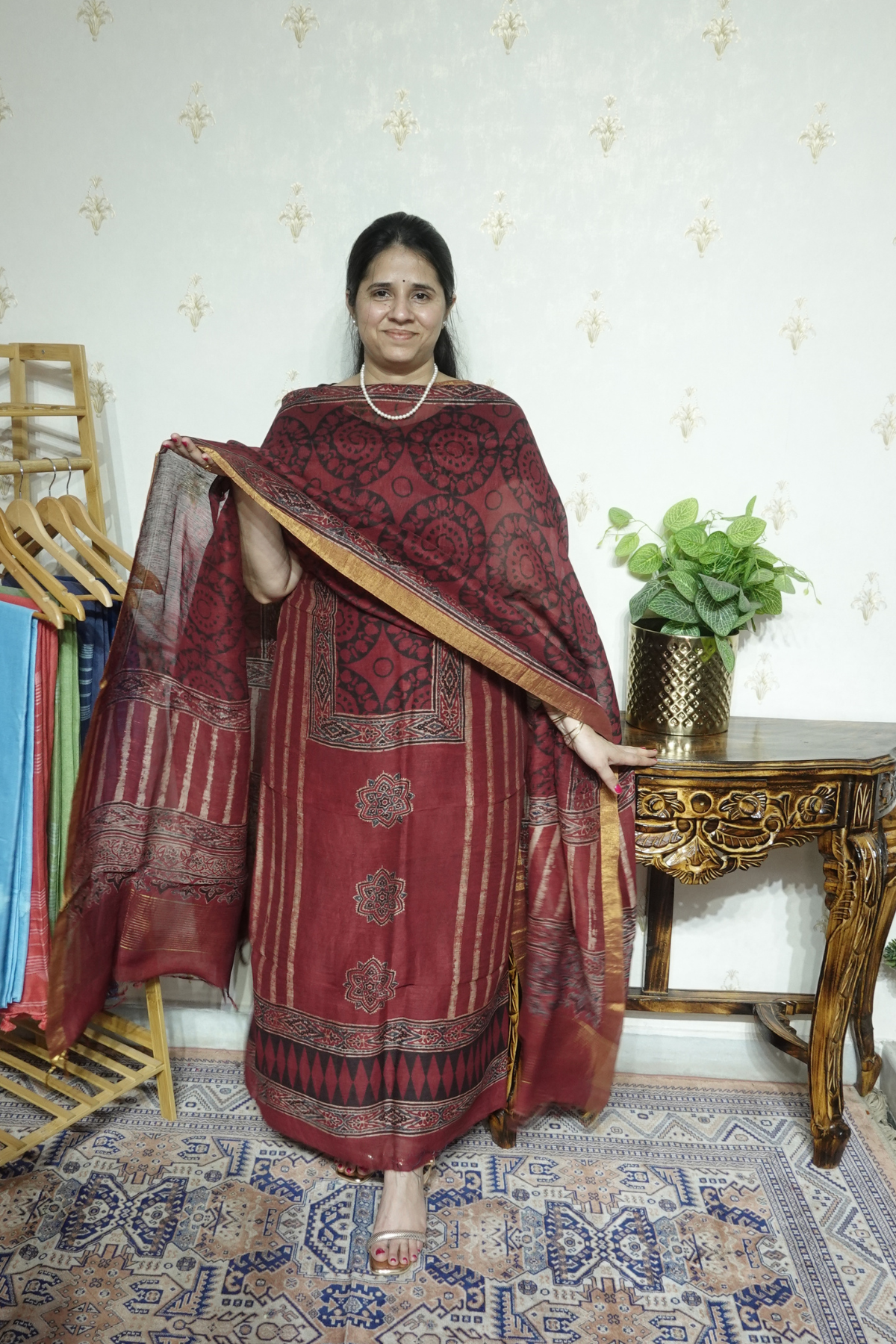 Ajrakh Handblock On Silk  linens- 2pc