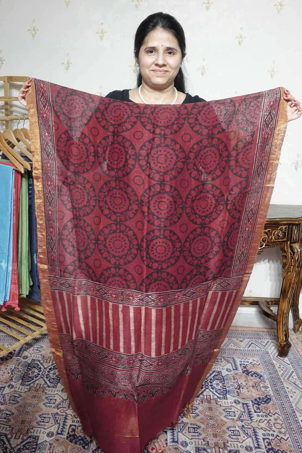 Ajrakh Handblock On Silk  linens- 2pc