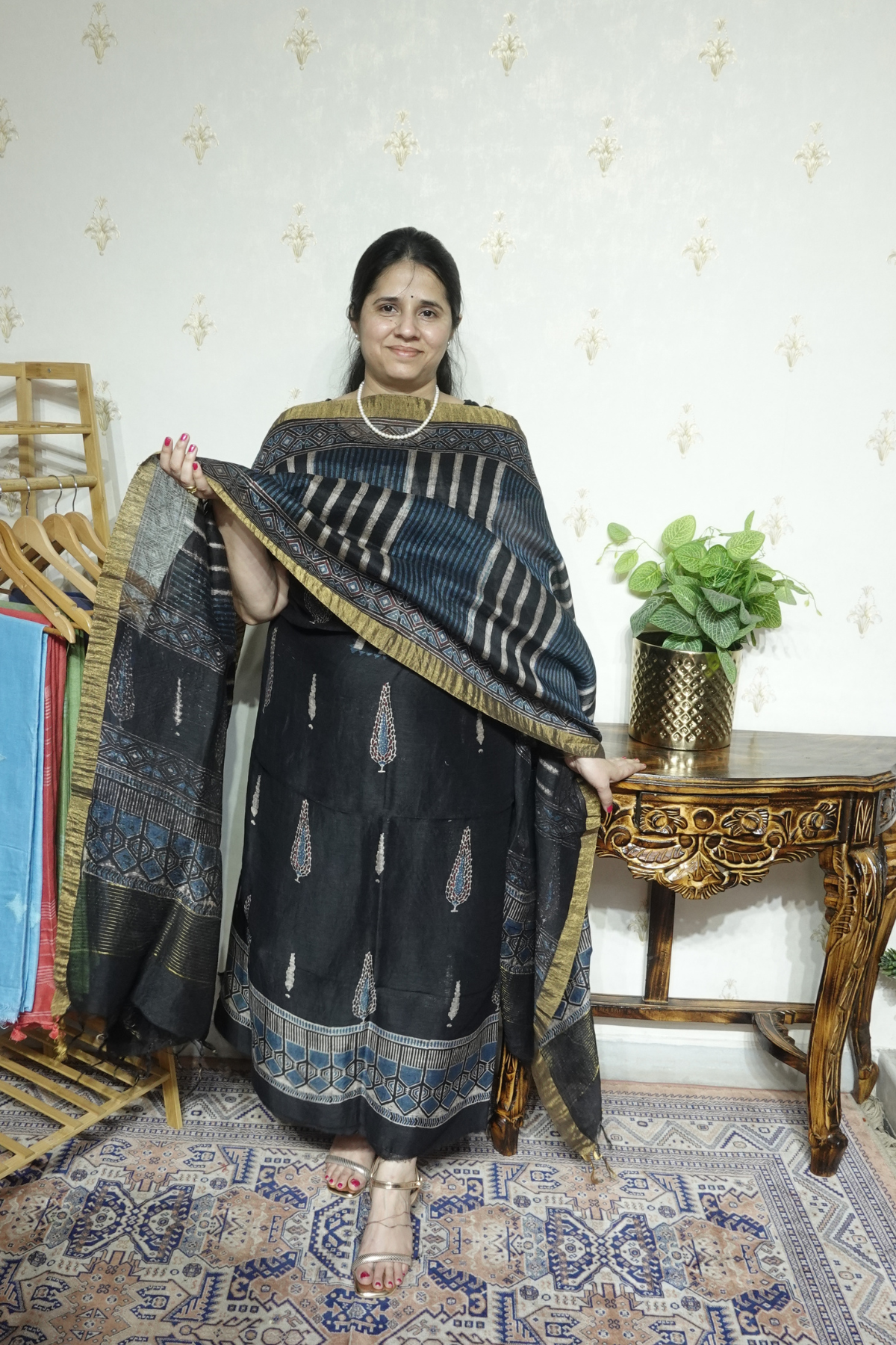 Ajrakh Handblock On Silk  linens- 2pc