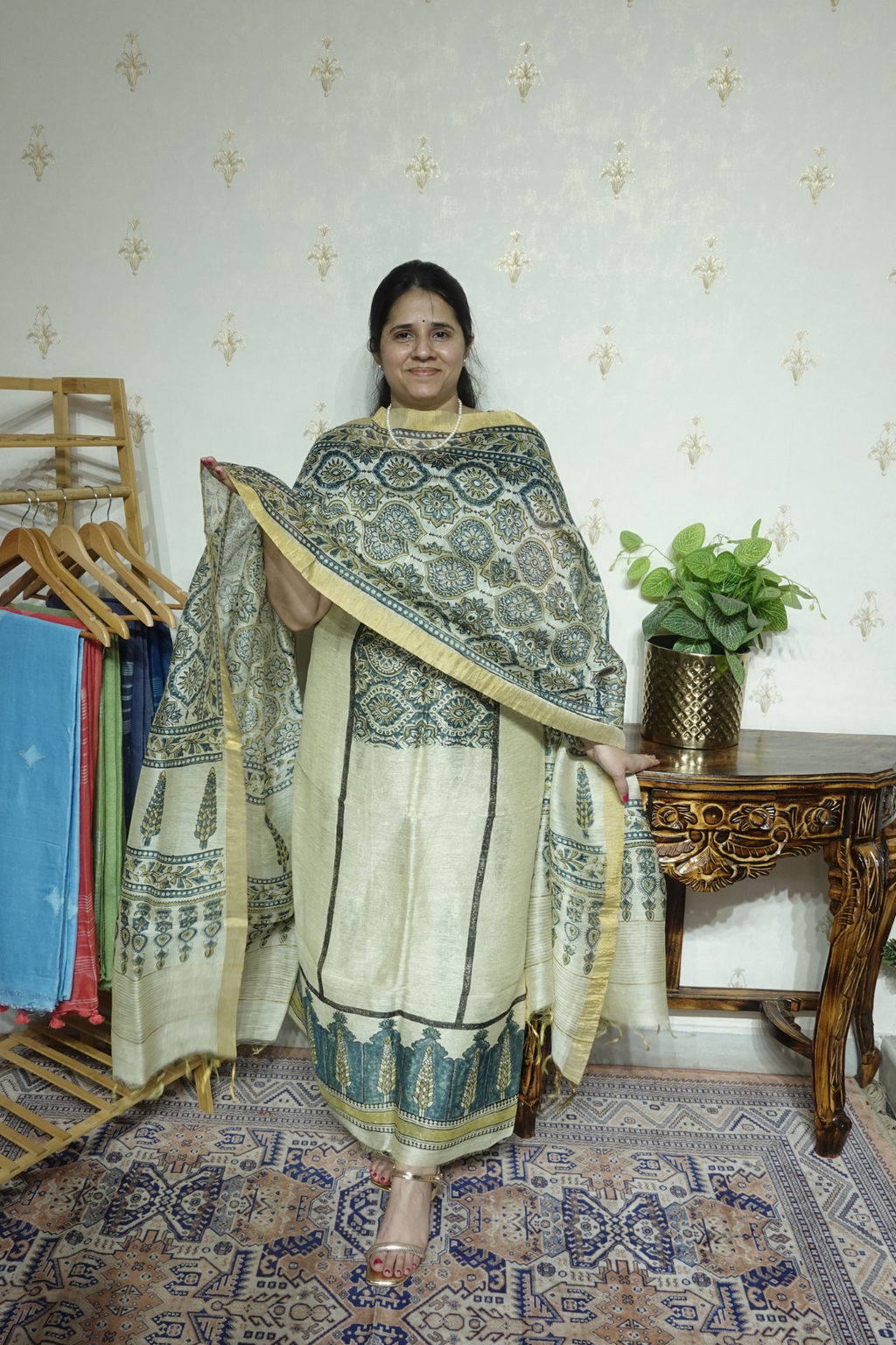 Ajrakh Handblock On Silk  linens- 2pc