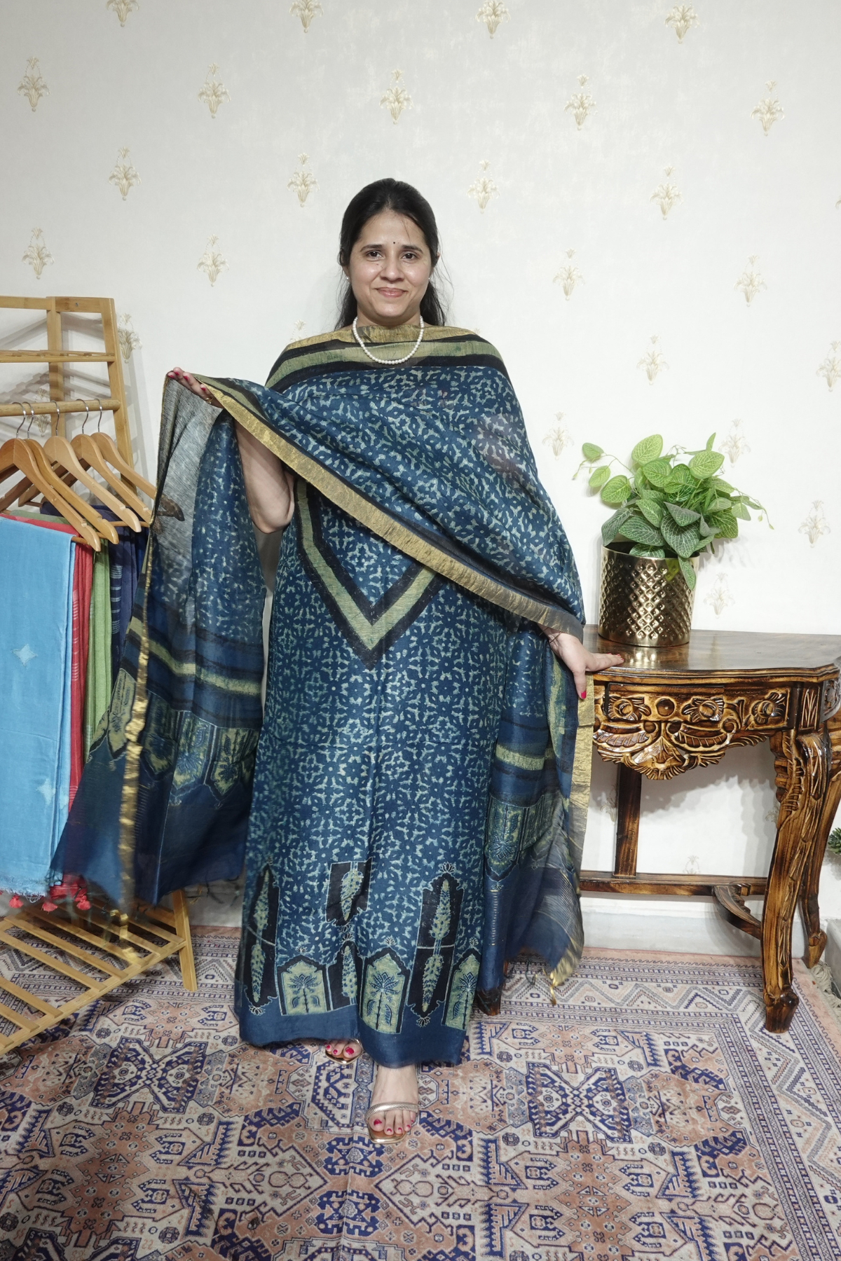 Ajrakh Handblock On Silk  linens- 2pc