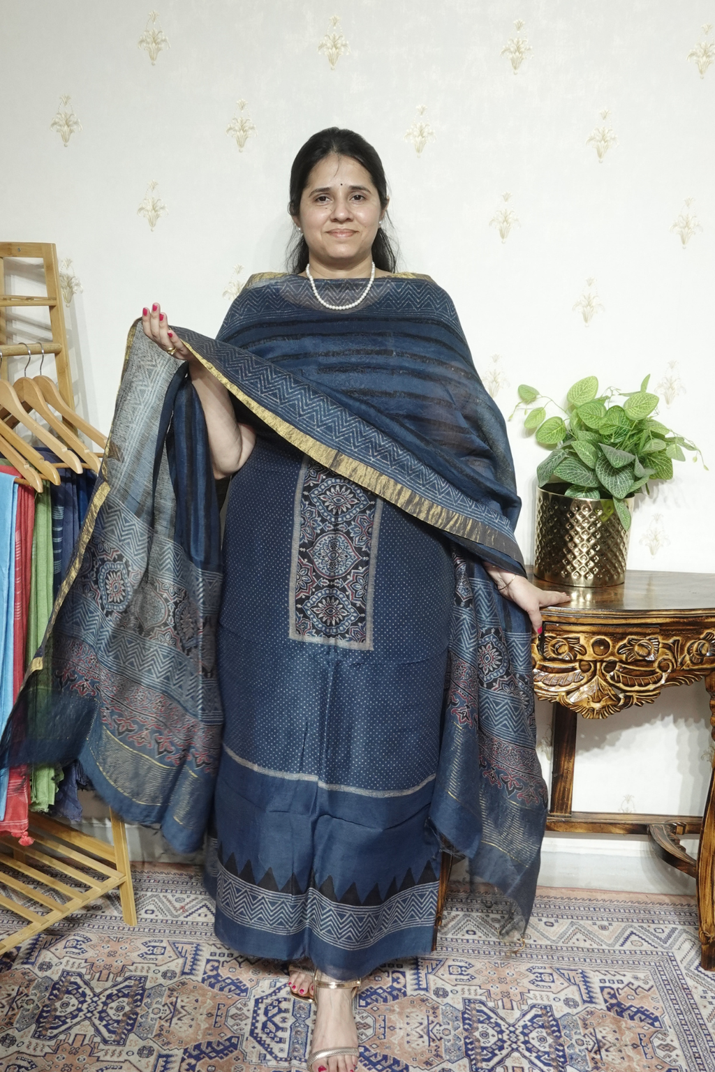 Ajrakh Handblock On Silk  linens- 2pc