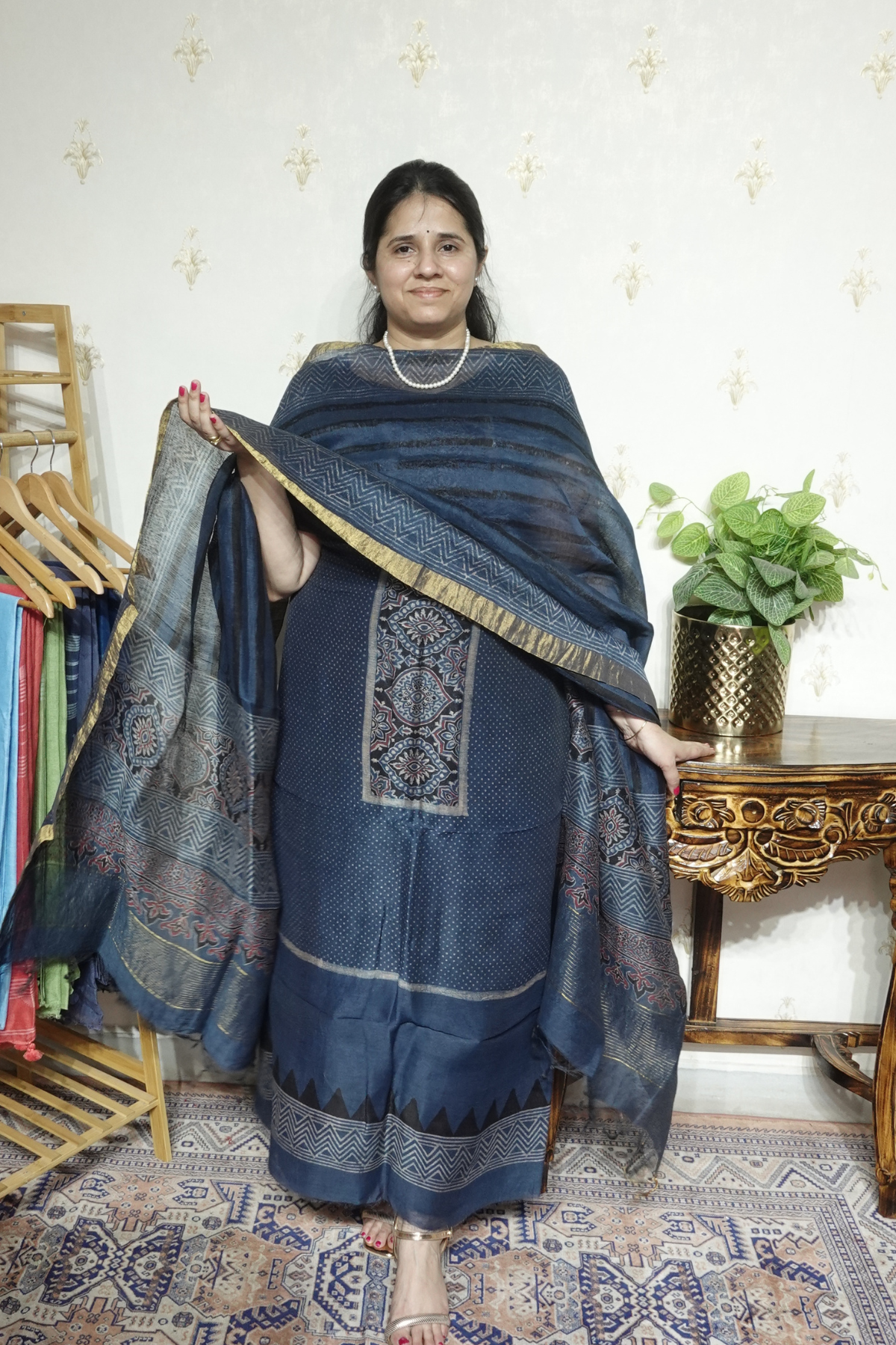 Ajrakh Handblock On Silk  linens- 2pc