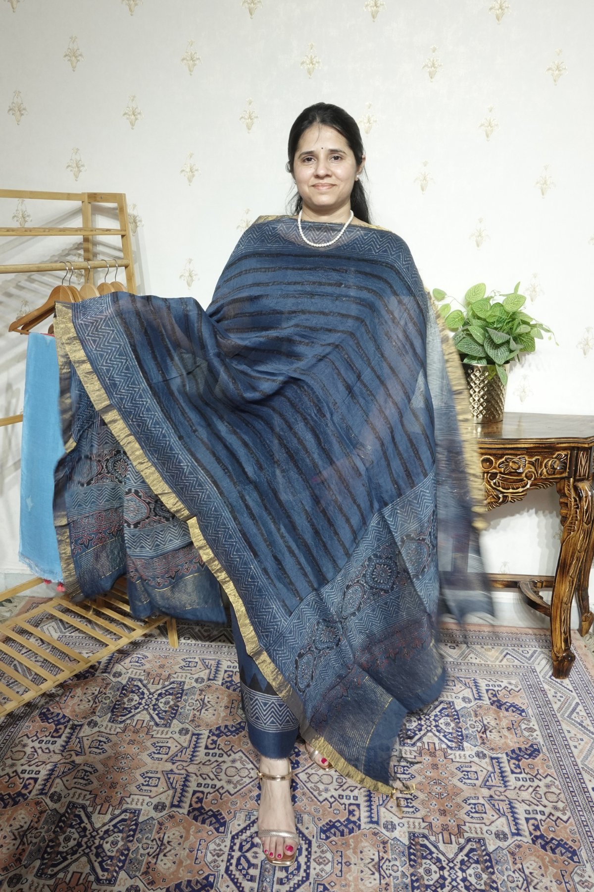 Ajrakh Handblock On Silk  linens- 2pc