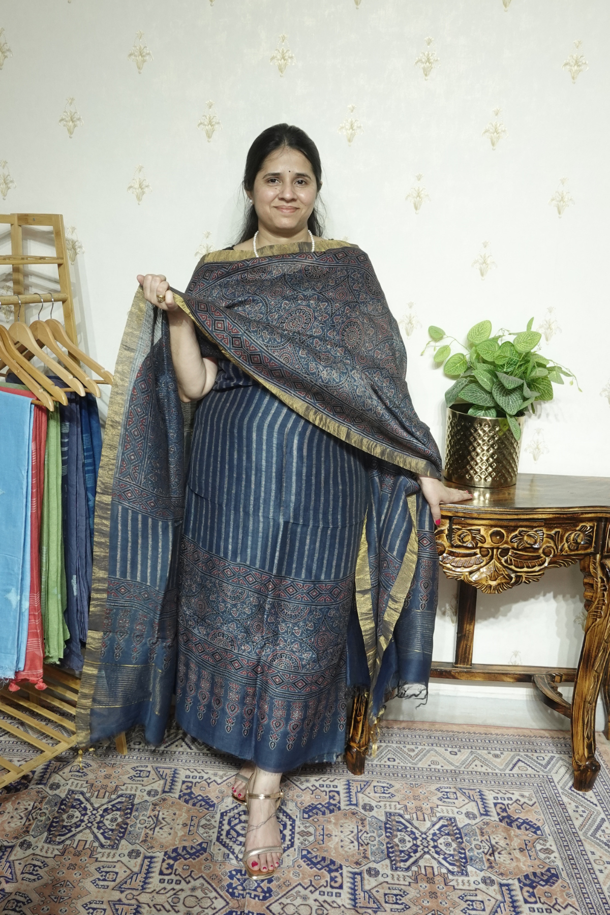 Ajrakh Handblock On Silk  linens- 2pc