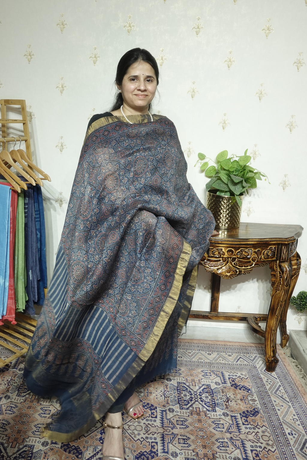 Ajrakh Handblock On Silk  linens- 2pc