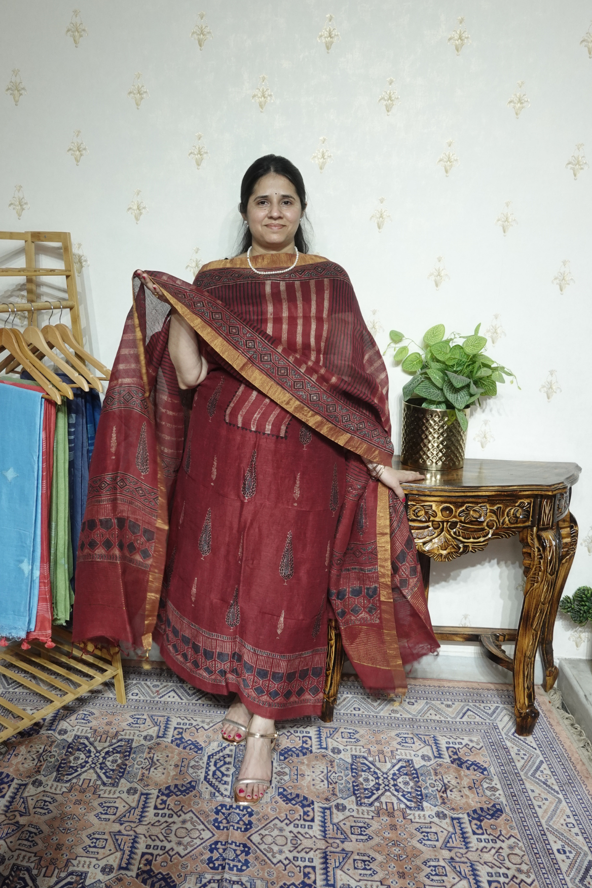 Ajrakh Handblock On Silk  linens- 2pc