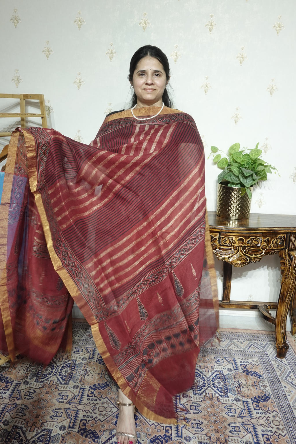 Ajrakh Handblock On Silk  linens- 2pc