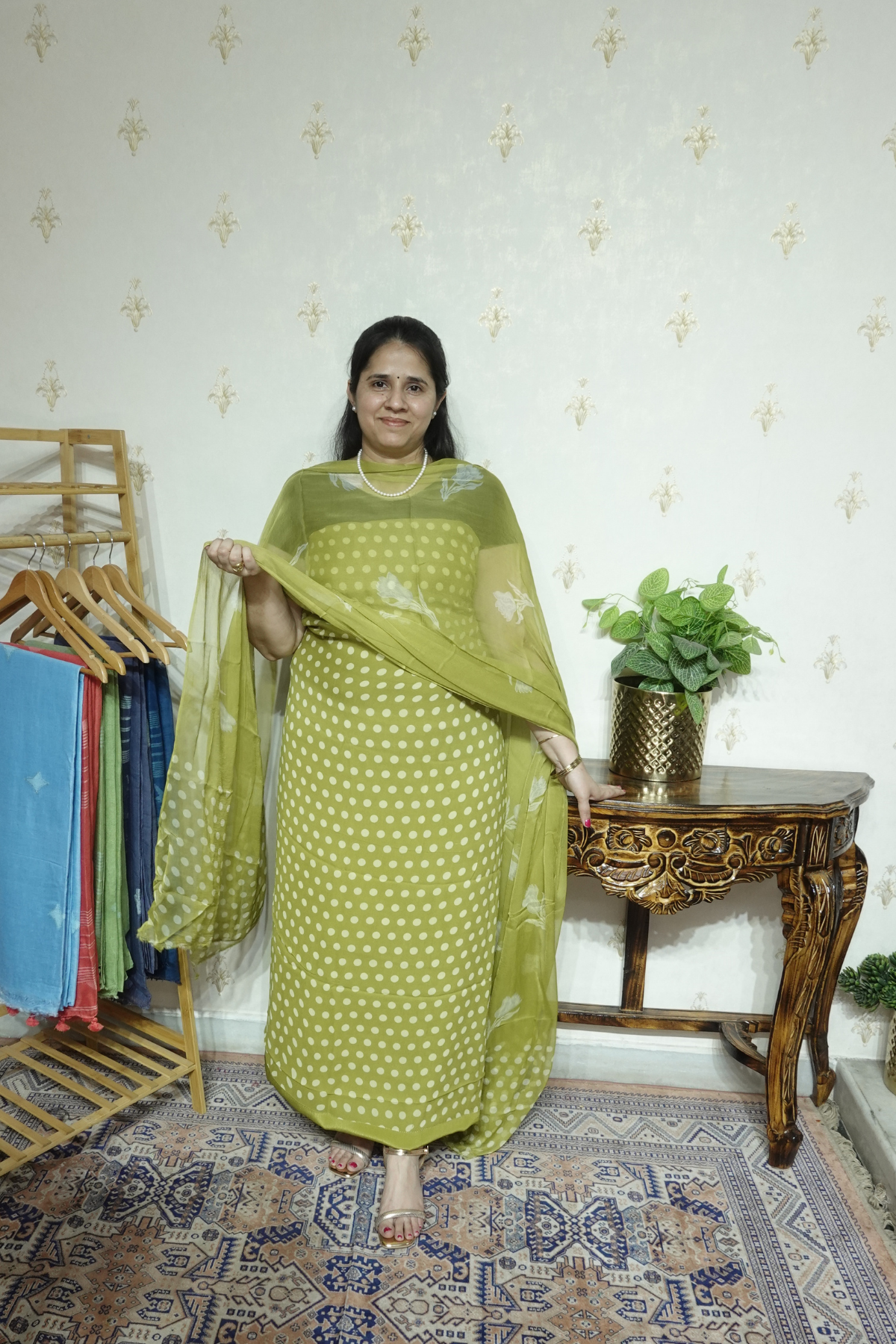 Polka Print on Georgette with Chiffon Dupatta and Crape bottom