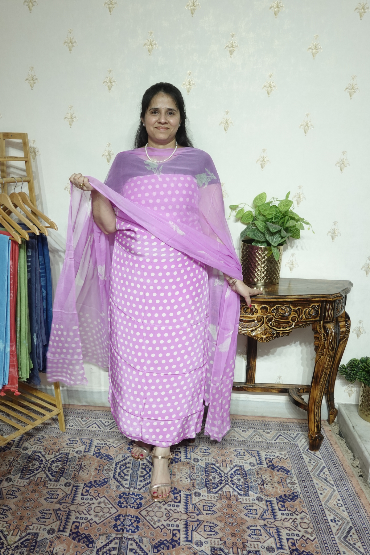 Polka Print on Crape with Chiffon Dupatta