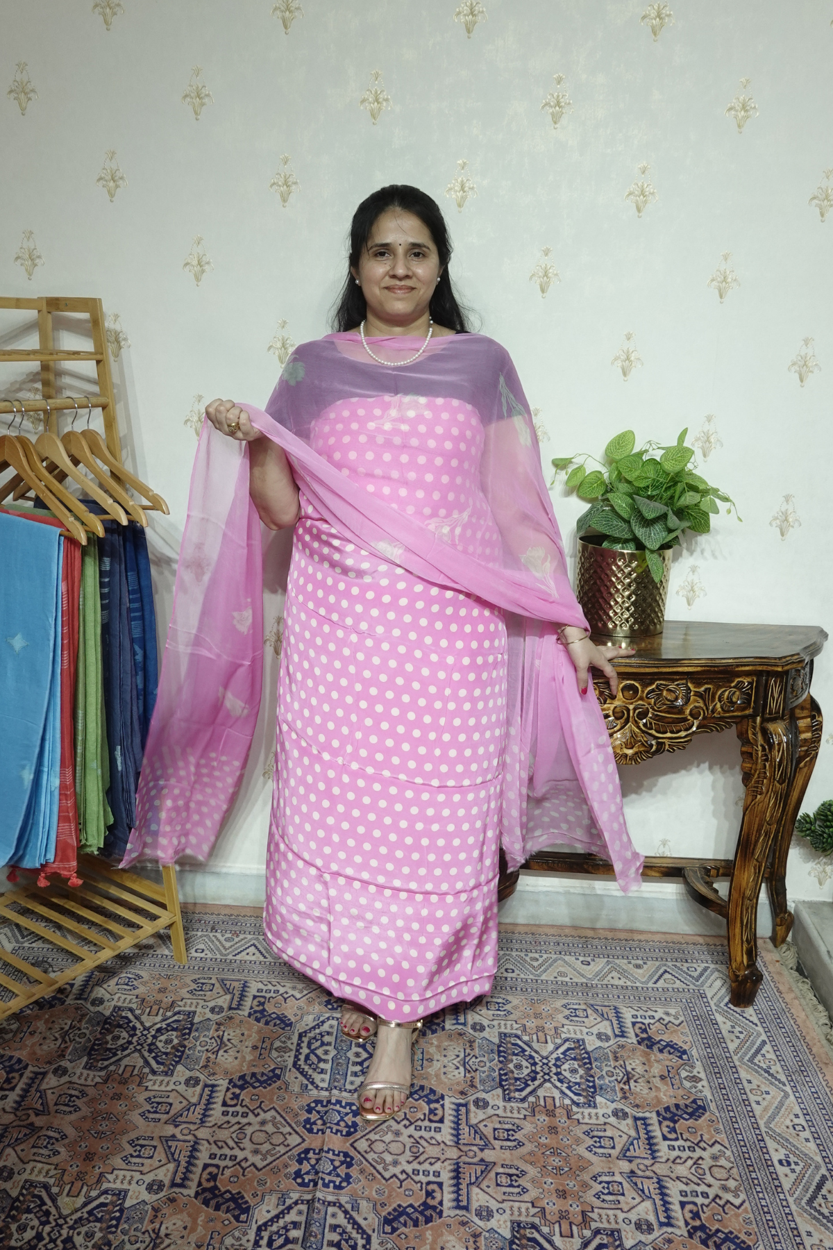 Polka Print on Georgette with Chiffon Dupatta and Crape bottom