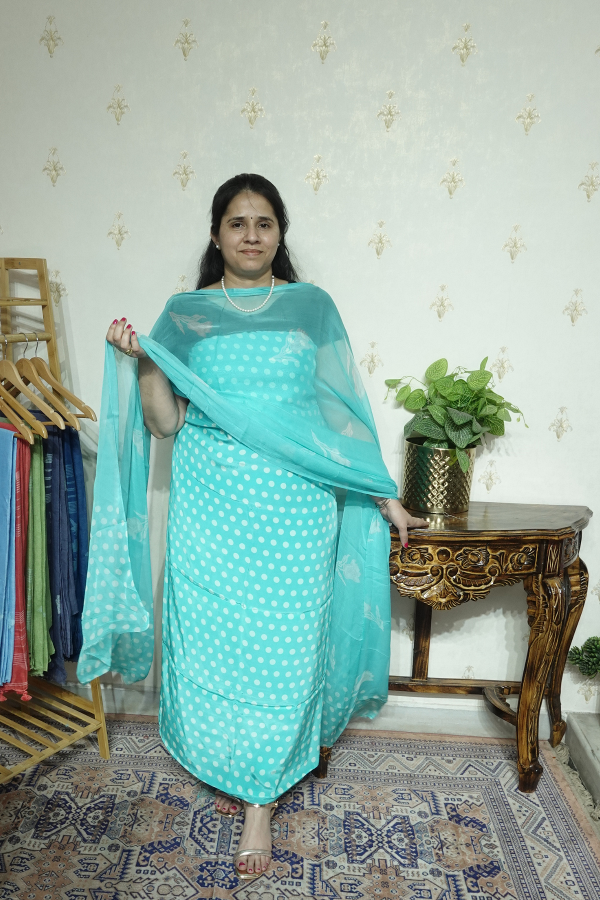 Polka Print on Crape with Chiffon Dupatta