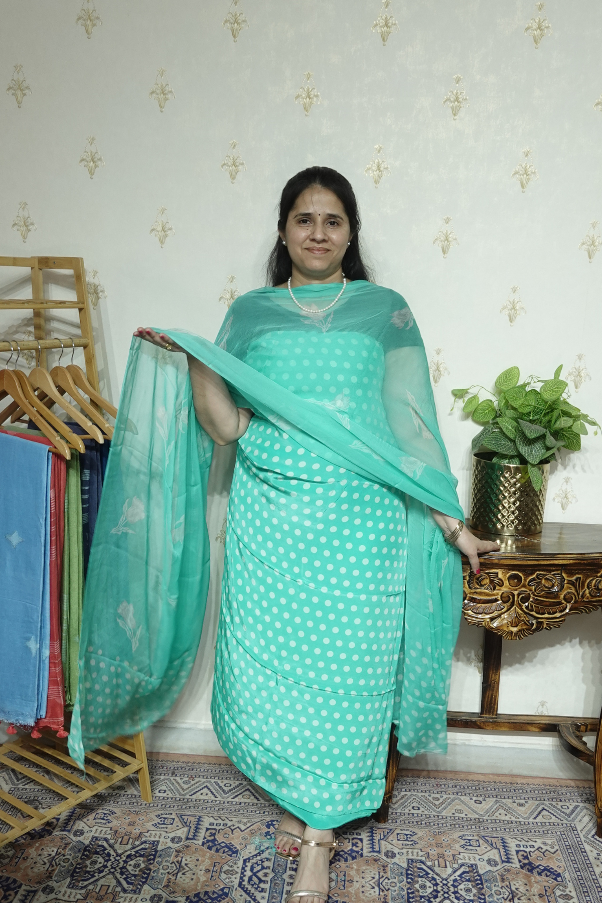 Polka Print on Crape with Chiffon Dupatta