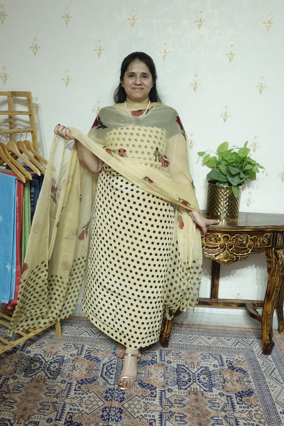 Polka Print on Crape with Chiffon Dupatta