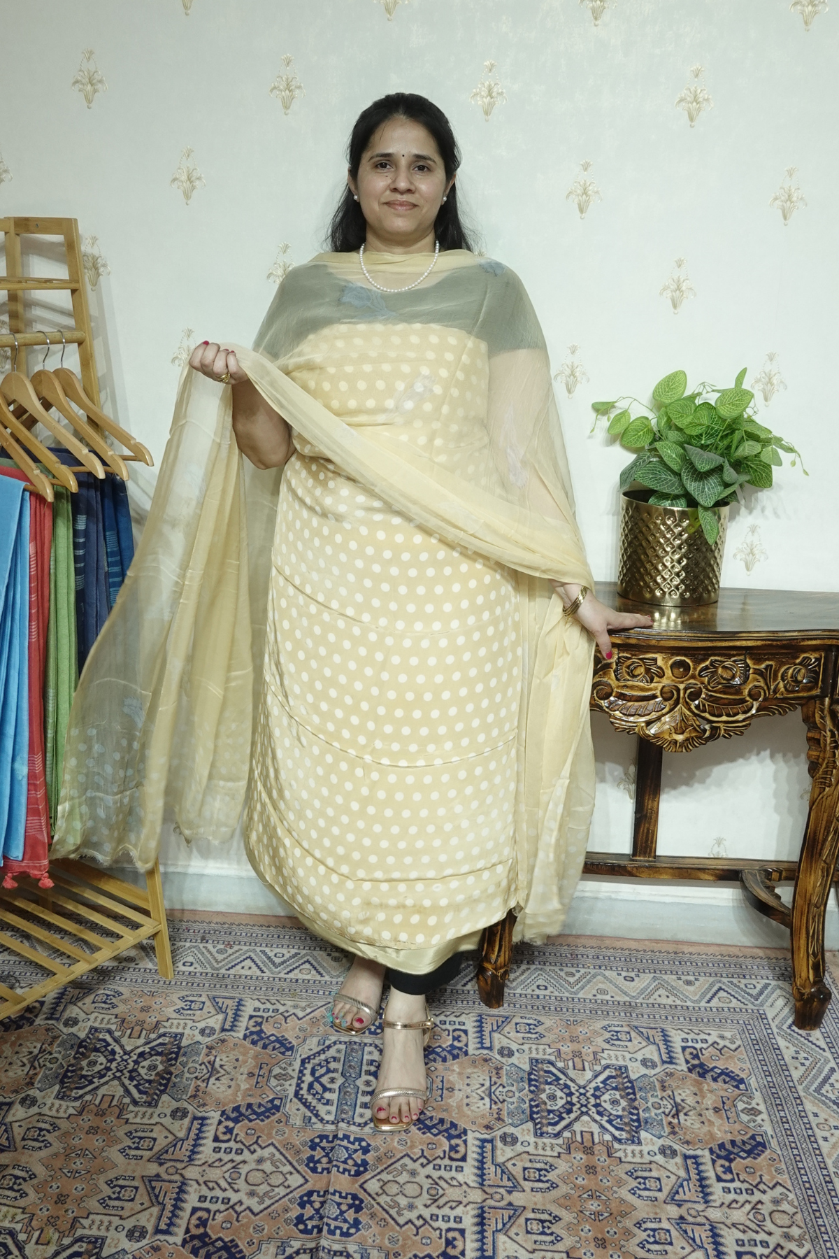 Polka Print on Georgette with Chiffon Dupatta and Crape bottom