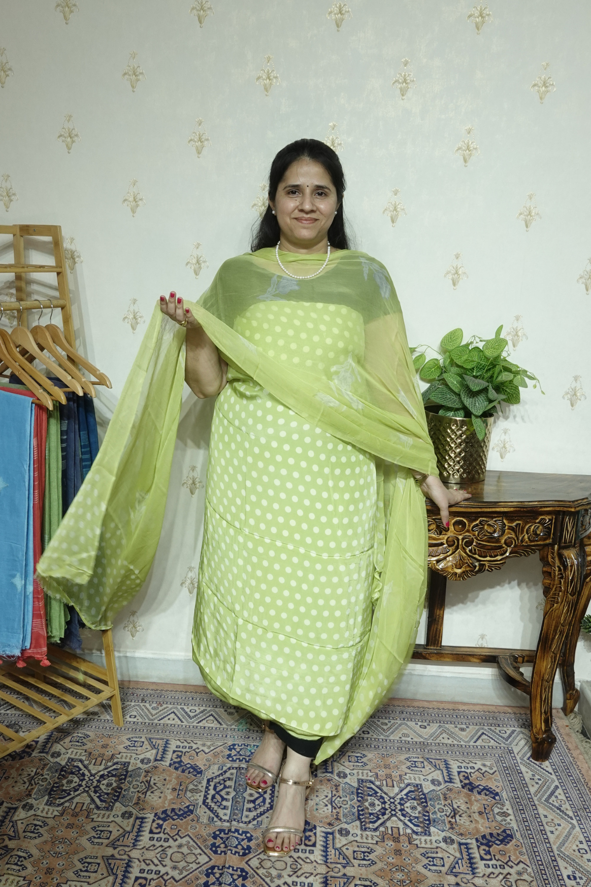 Polka Print on Crape with Chiffon Dupatta