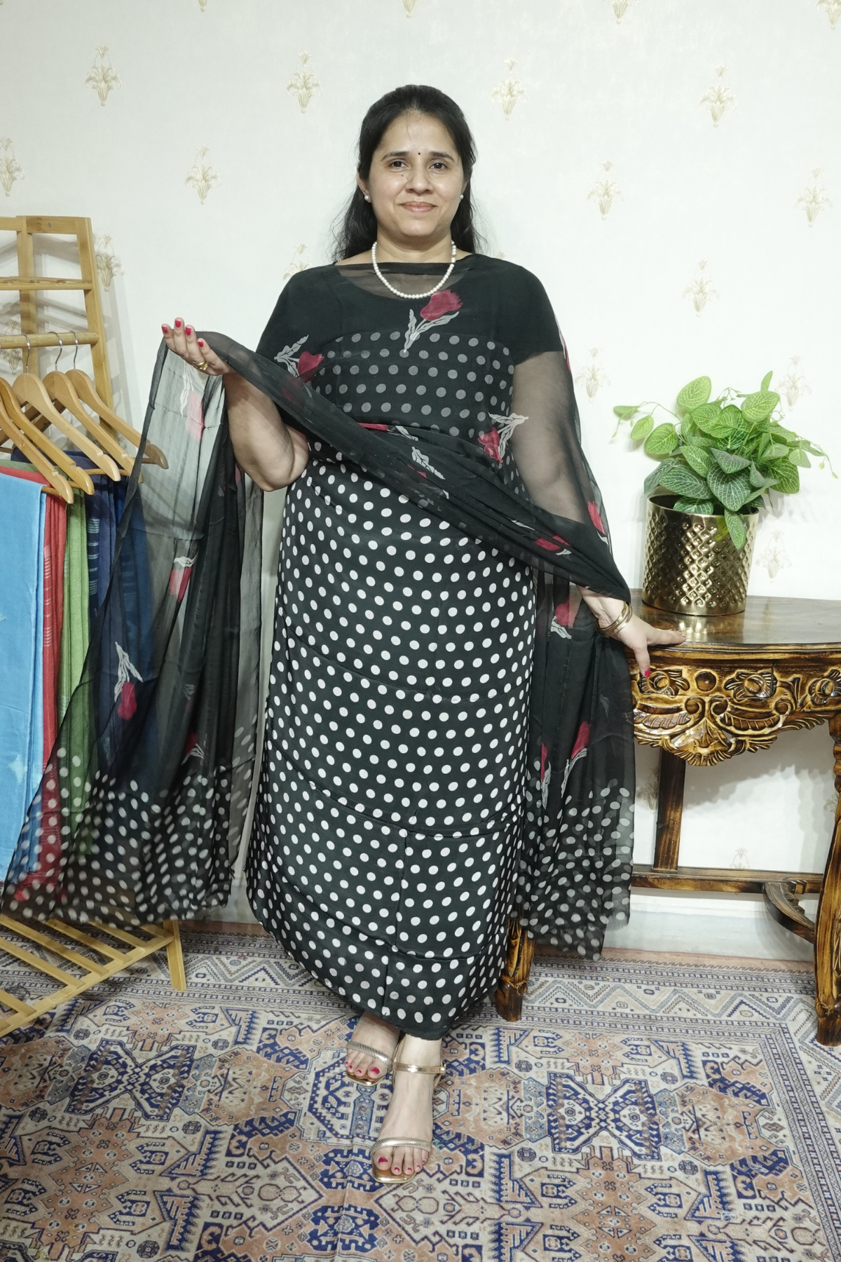 Polka Print on Crape with Chiffon Dupatta