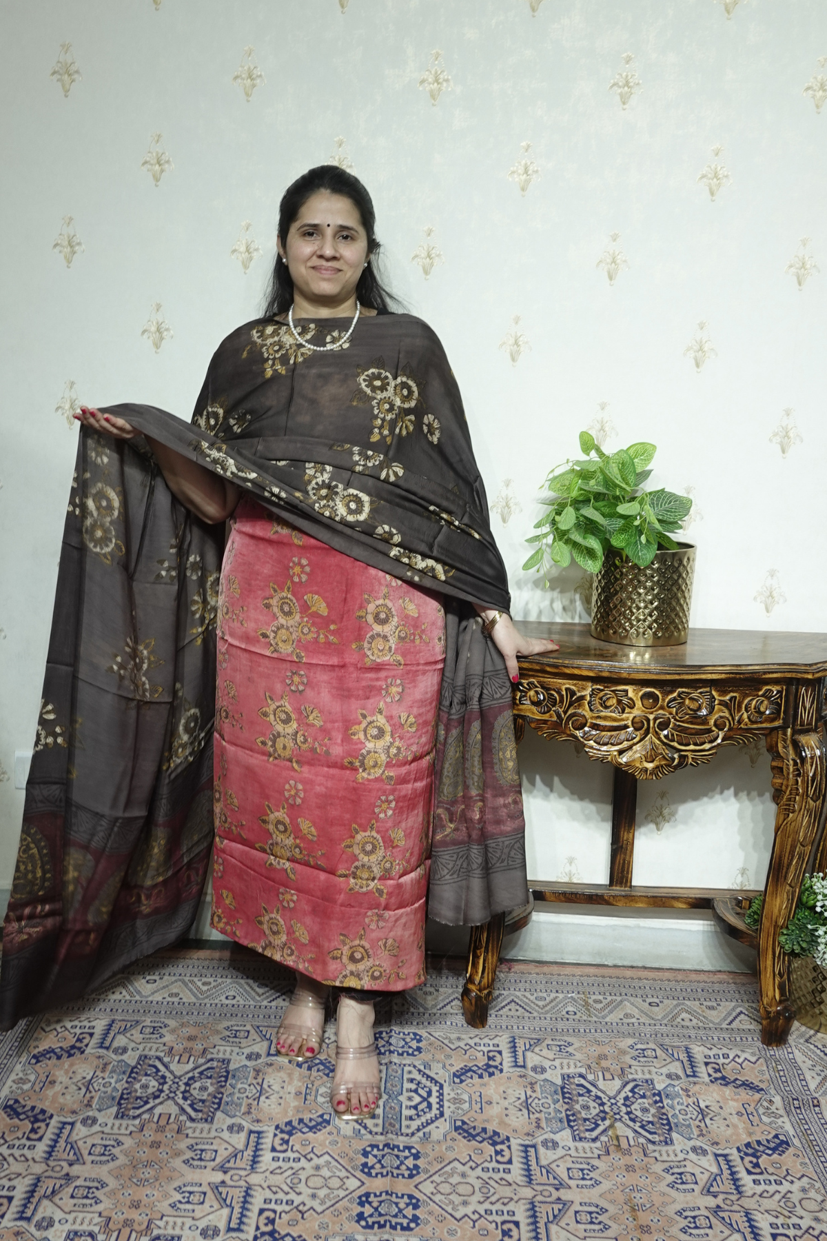 Pomegranate peel Hand-blocked on Modal X Tusser Fabric- 2pc