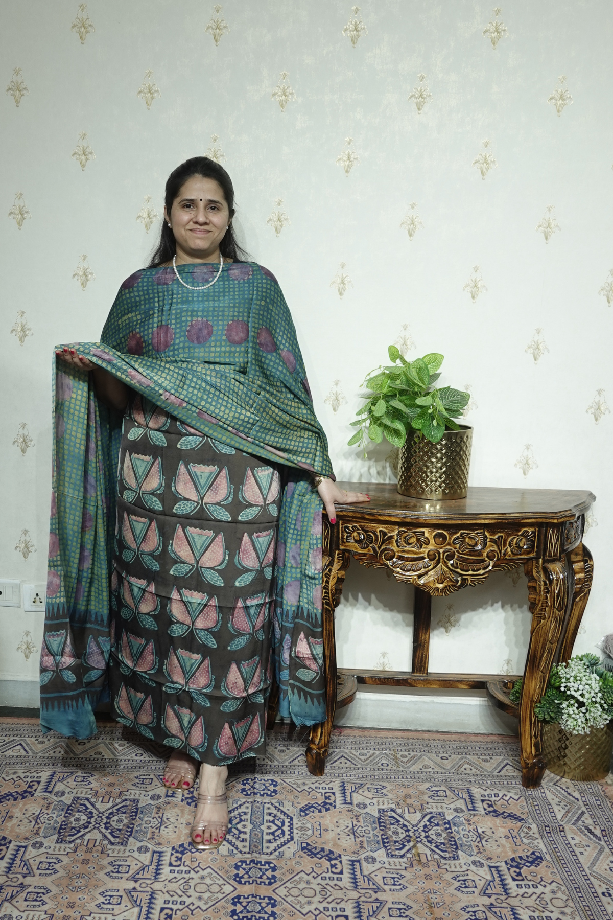 Pomegranate peel Hand-blocked on Modal X Tusser Fabric- 2pc
