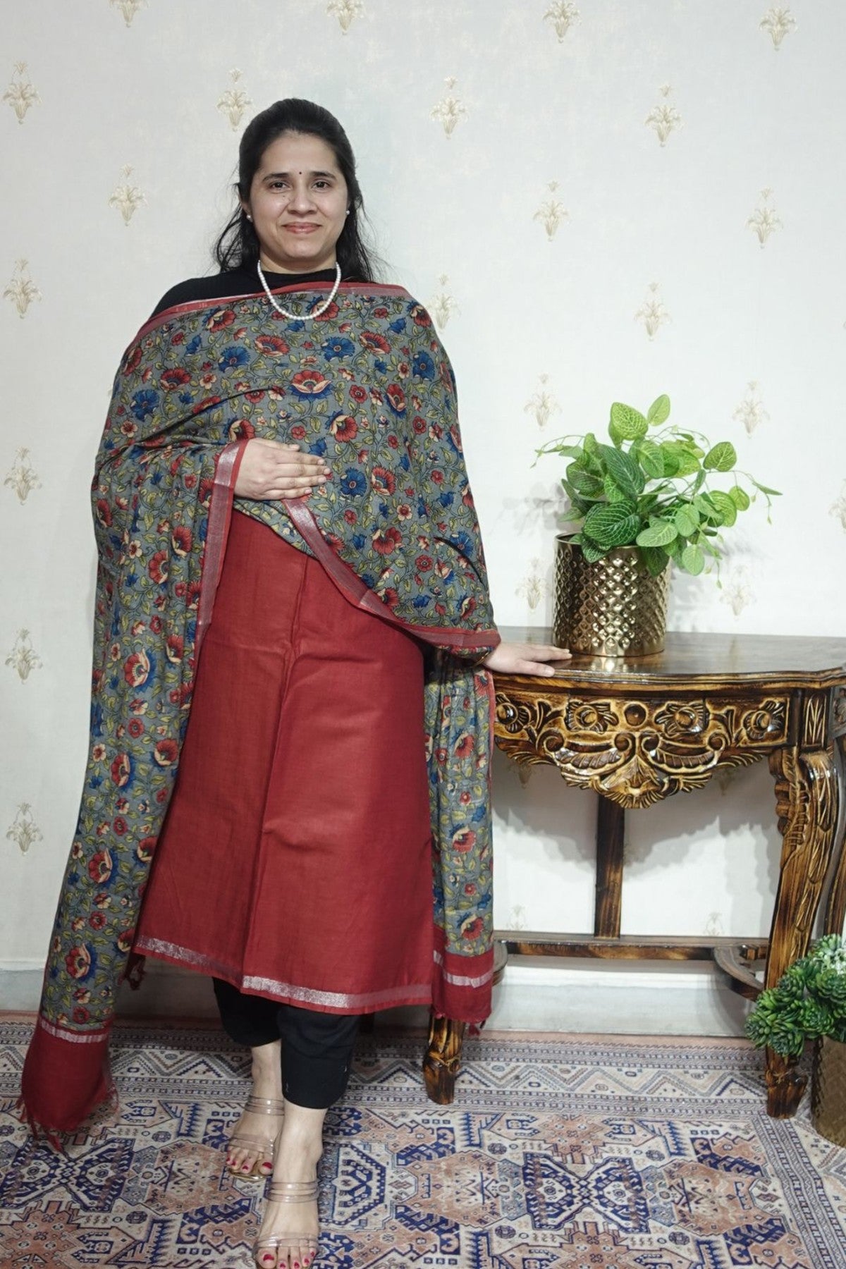 Cotton Linen With Kalamkari Dupatta