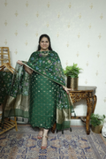 Mulchanderi Elegance: Tissue Border with Banarasi Weave and kalamkari Dupatta
