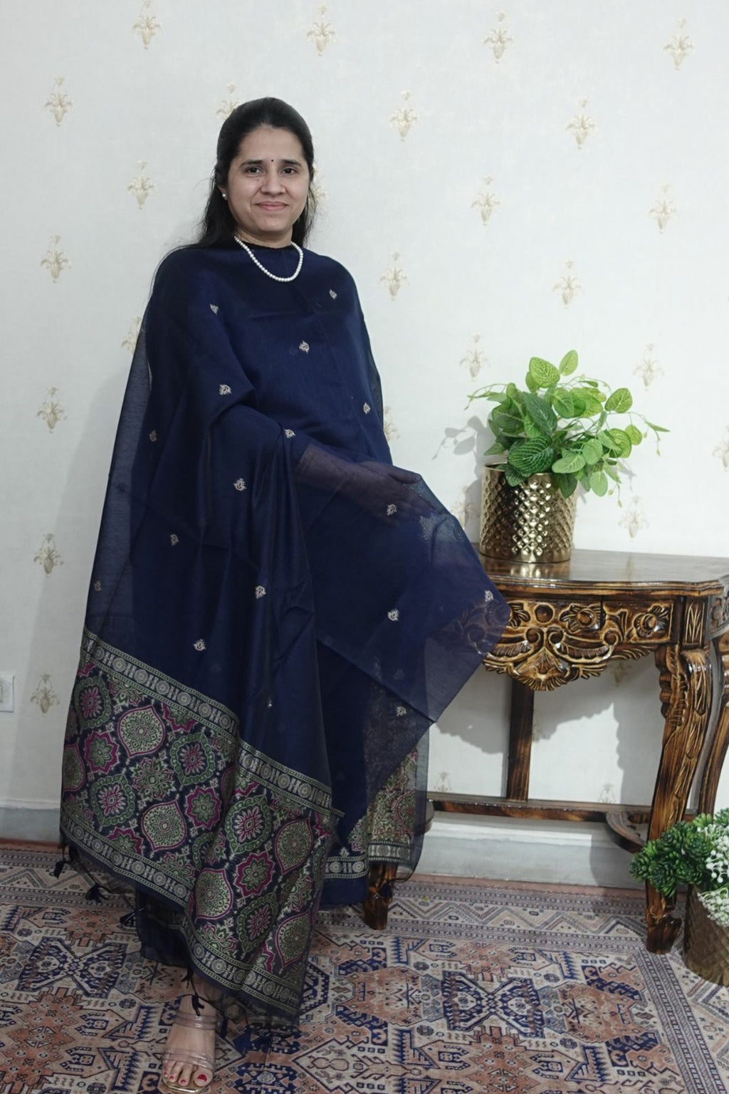 Jamdani- Moonga Cotton with Ajrakh Motifs Weaving