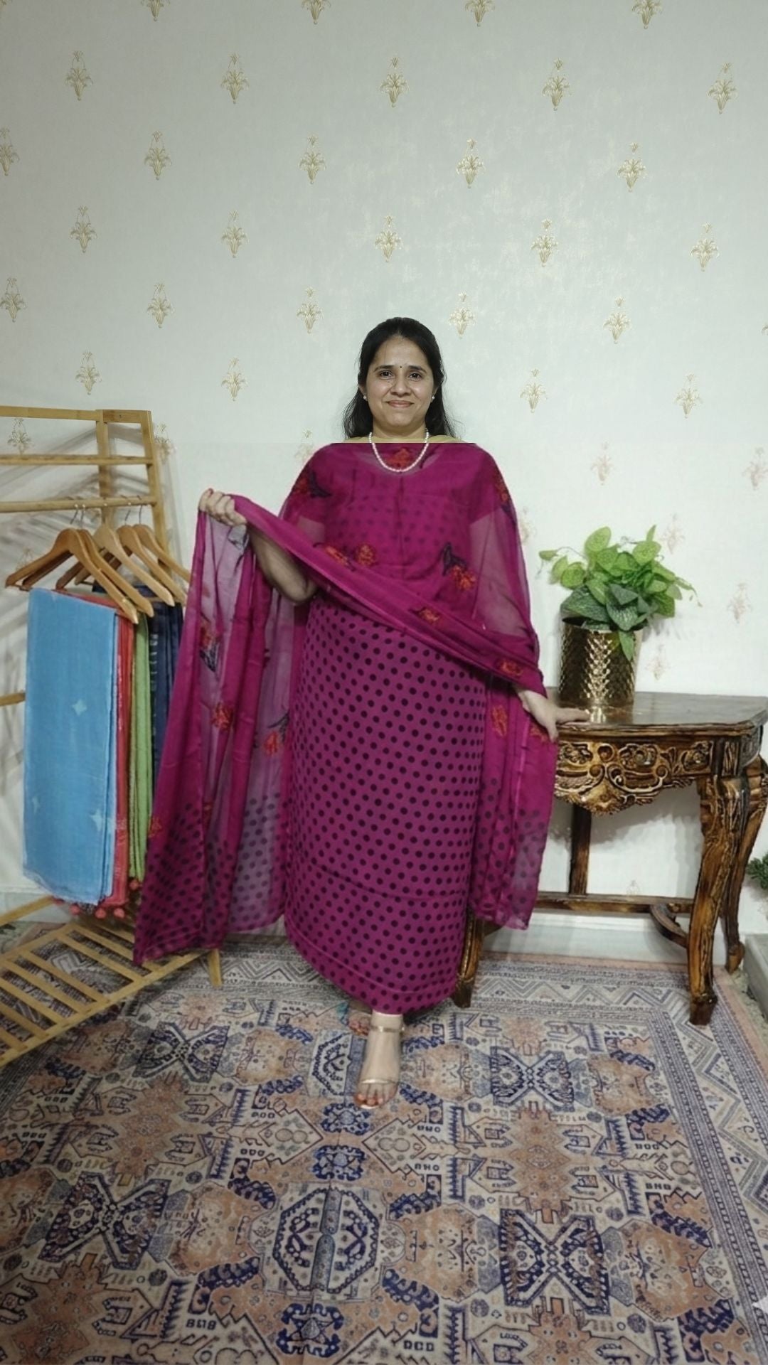 Polka Print on Georgette with Chiffon Dupatta and Crape bottom